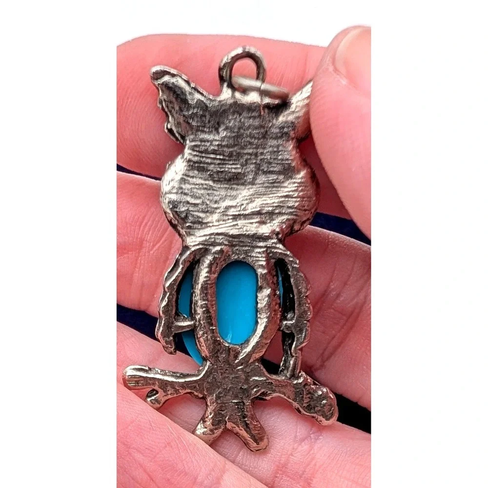Vintage Silver Tone Owl Pendant Faux Turquoise Cabochon Boho Bird Jewelry
